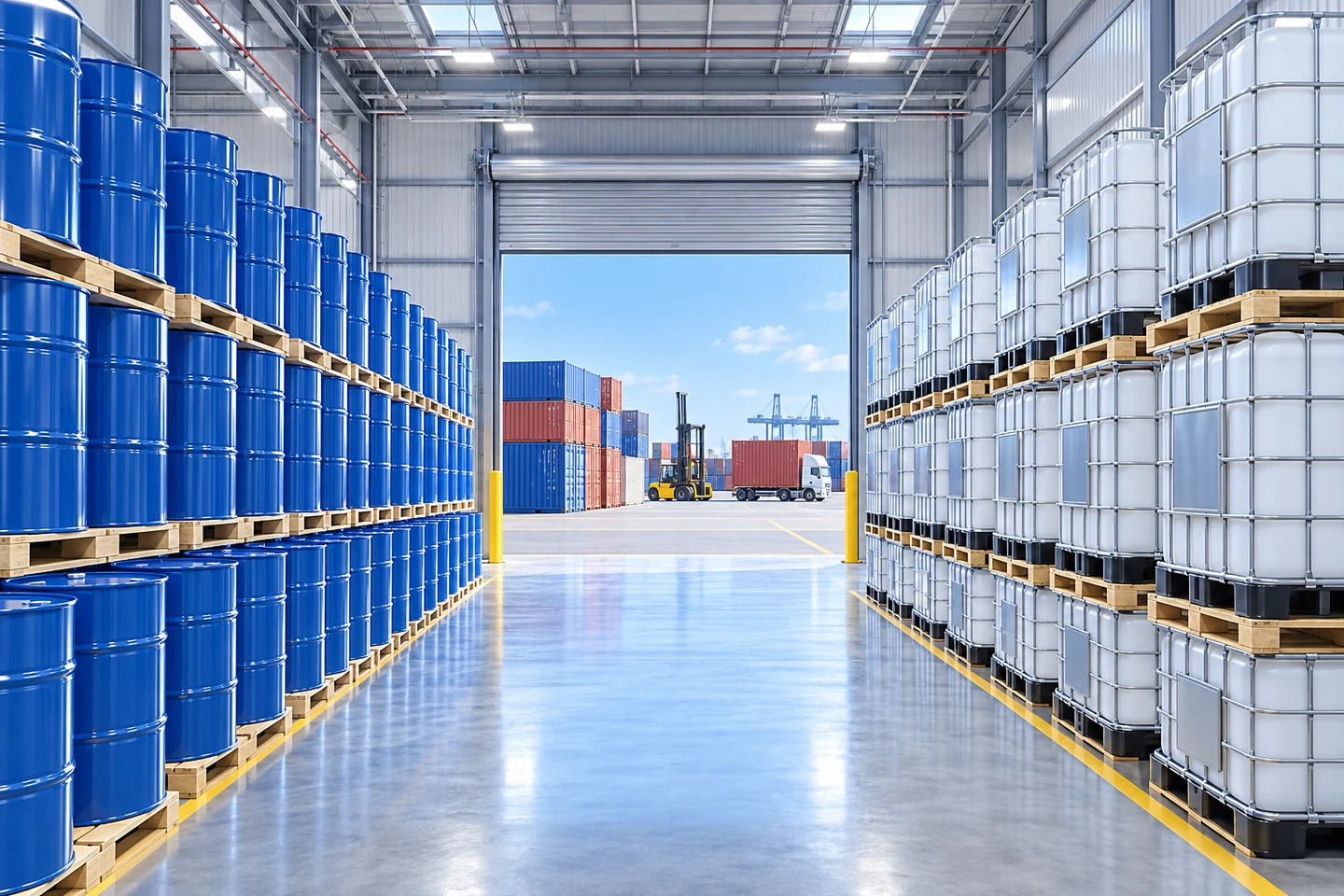 Generated export warehouse scene with drums and IBC containers