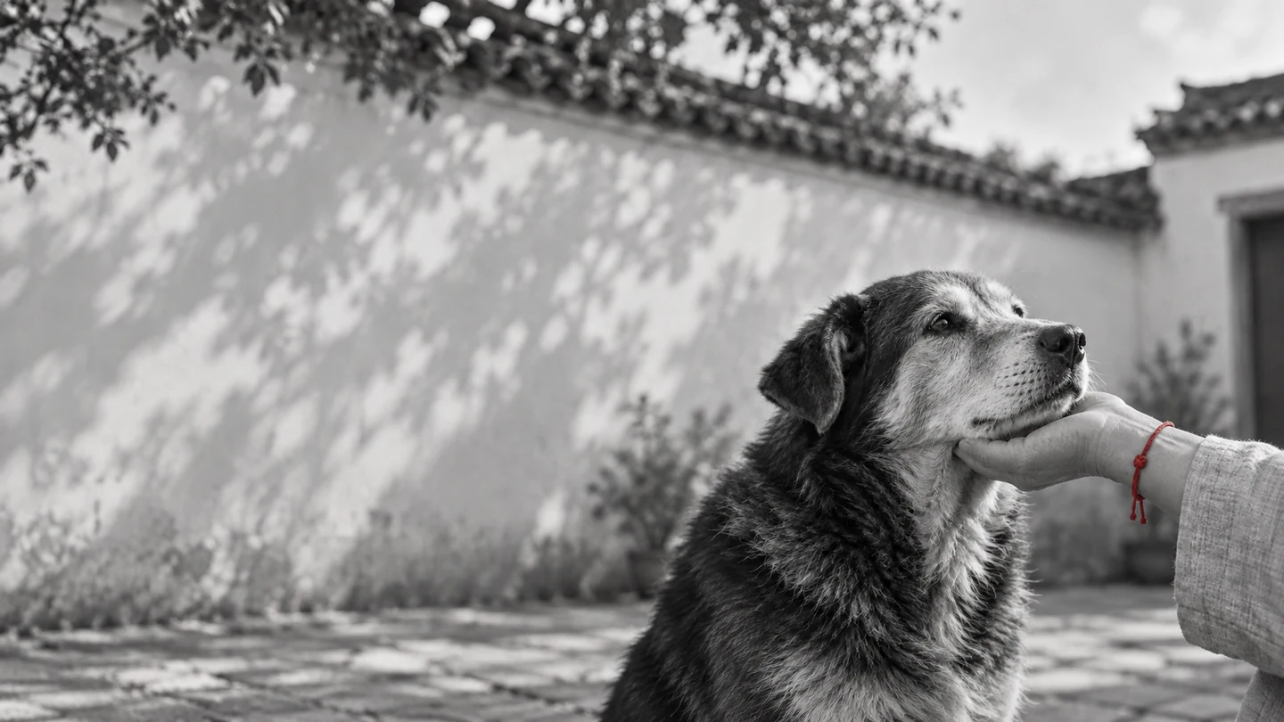黑白中式庭院里，年老的中华田园犬依偎着主人的手，腕间留一缕朱红