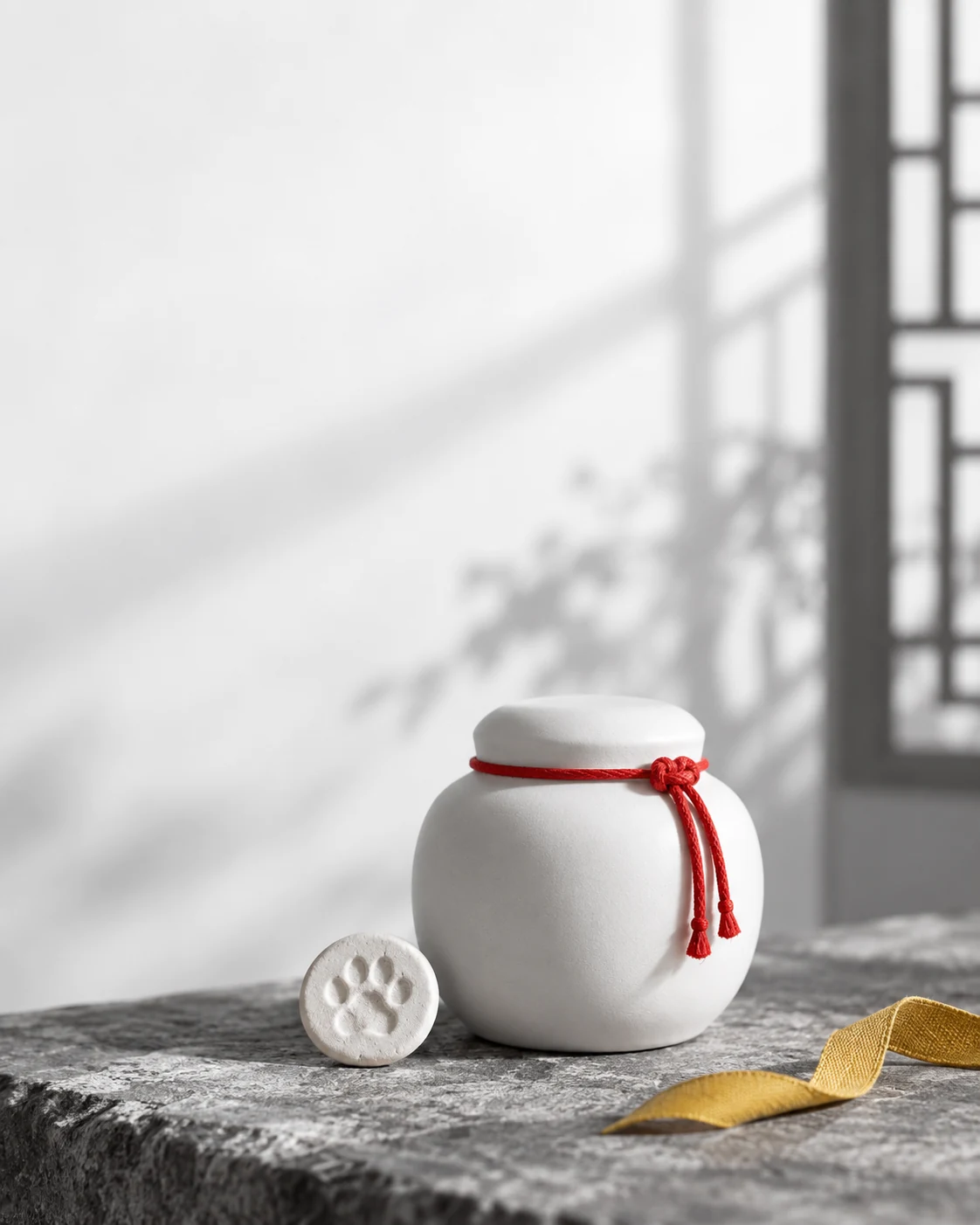 白色陶瓷纪念罐上的朱红系结，旁边留下爪印与黄布