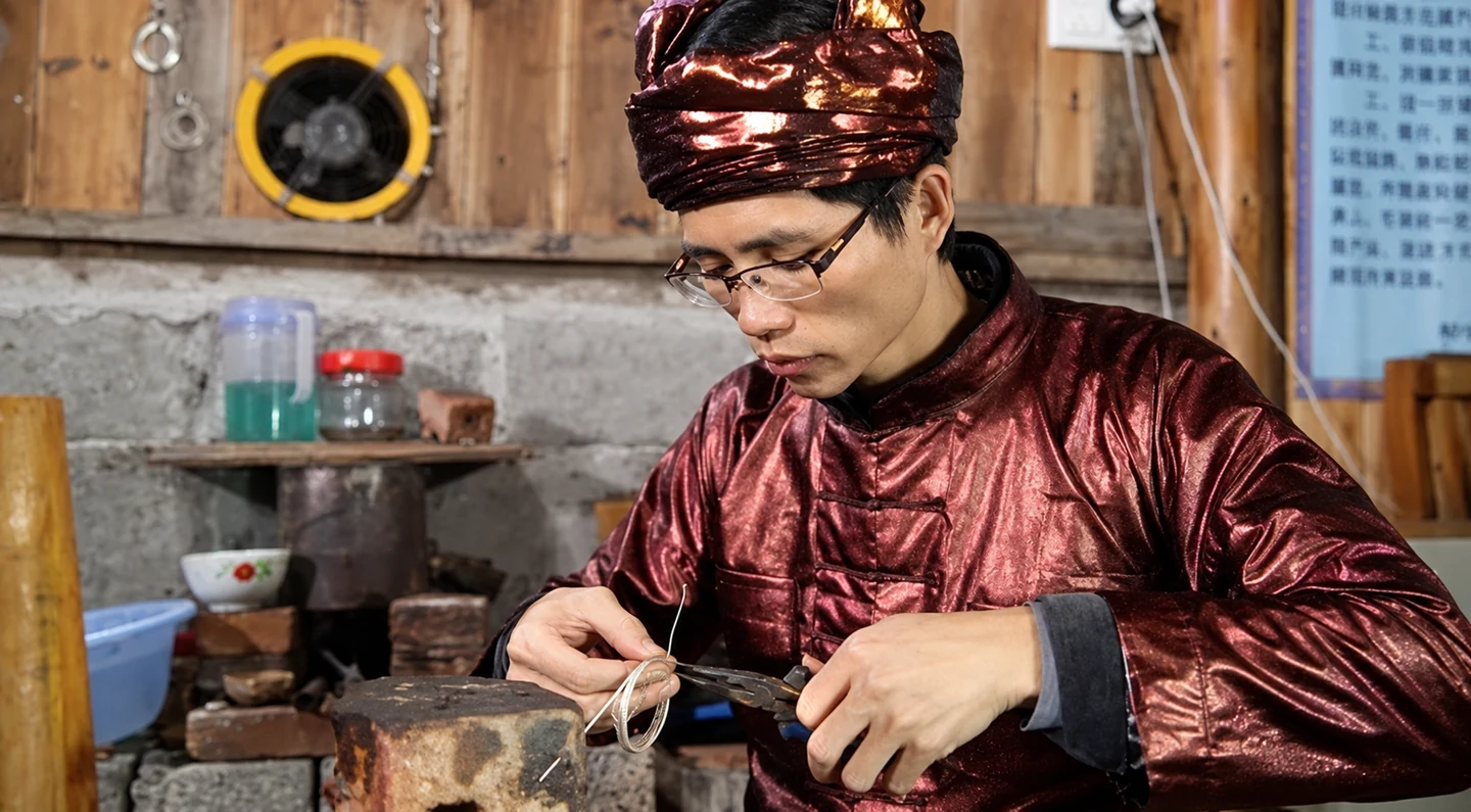 马贵兵在工作台前制作银饰 · 据本人公开实拍修复