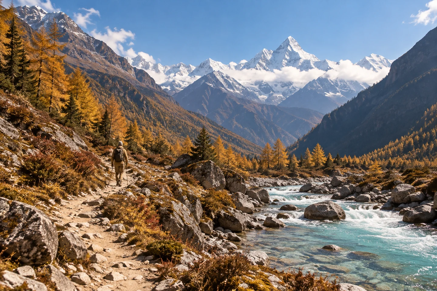 沿清澈溪流伸向雪山的林间小径